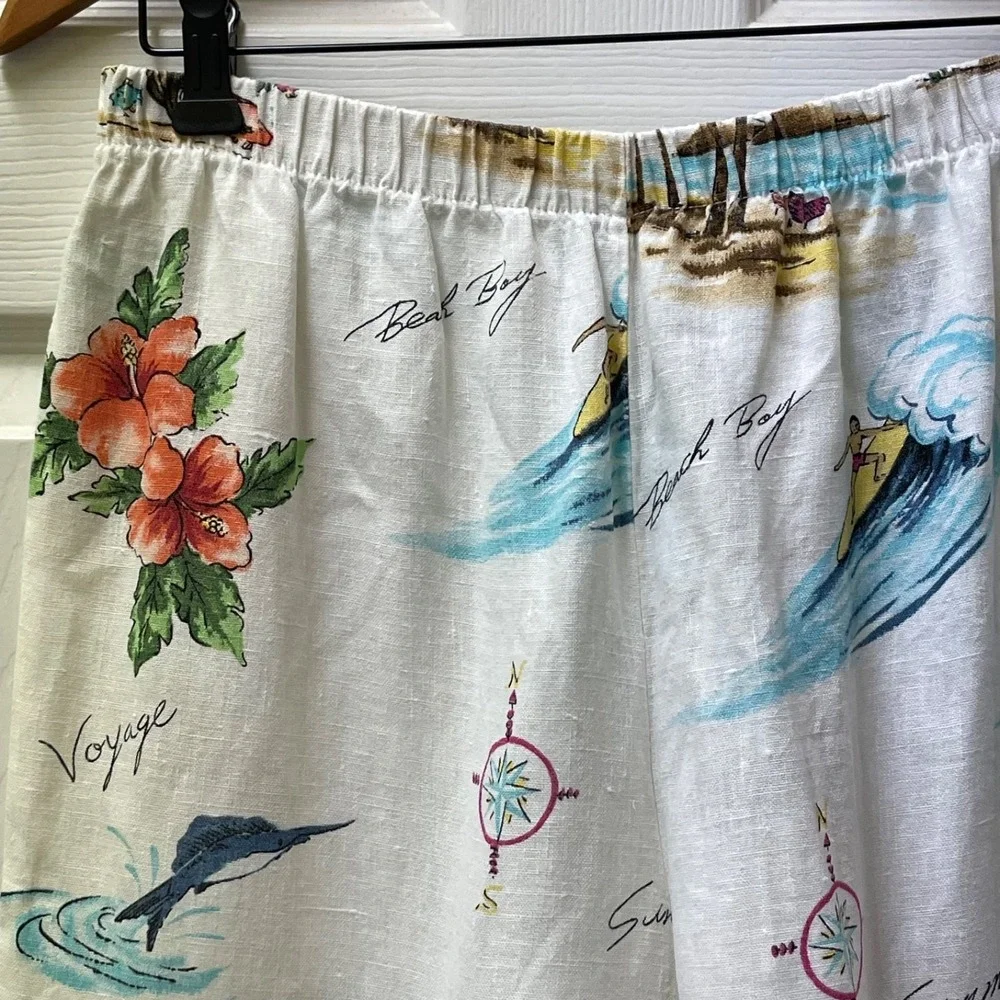 Vintage Hot Cotton Marc Ware Womens S Beach Island Surf Print White Linen Pant - Picture 1 of 14